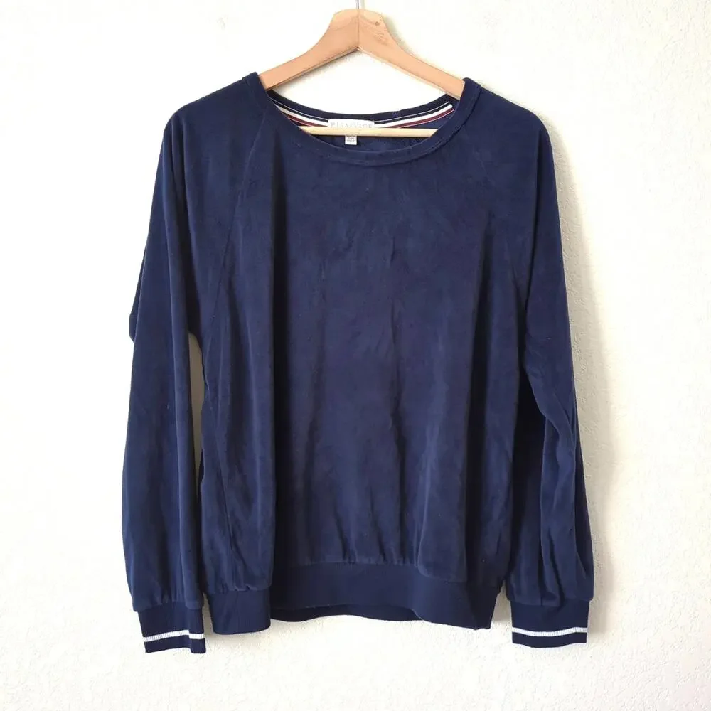 P.J. Salvage Track Star Velour Velvet Women's Top Long Sleeve Blue Varsity Small